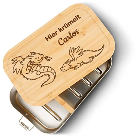 GRAVURZEILE Brotdose aus Edelstahl mit graviertem Bambusholzdeckel - Lunchbox mit Drachen Motiv - Personalisiert mit Name - Nachhaltiges Geschenk zum Schulanfang - Größe: Groß