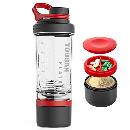 Youcan Plato Shaker Protein Shaker, Protein Shaker with Powder Compartment and Ball, Shake Cup, Fitness Shaker, Shaker Bottle, Dishwasher Safe, BPA-Free, with Tritan, 620 ml Red