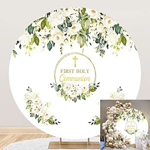 Yeele 1,8 x 1,8 m Hintergrund für die Erstkommunion, Blumenmuster, rund, grüne Blätter, weißes florales goldenes Kreuz, Taufe, Party, Gott, Segen, Fotografie-Hintergrund für Babyparty, Taufe, Party,