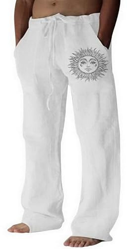 Litthing Pantalones de Lino para Hombre Pantalon de Jogging Algodón Pants Casuales de Verano con Bolsillos Holgados con Cordón Pant Cómodos y Ligeros