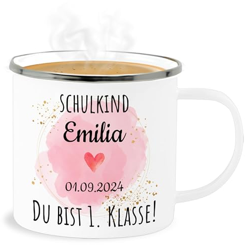 Emaille Becher Blechbecher - Einschulung Schulanfang Tasse - Schulkind - Du bist erste Klasse - 300 ml - Weiß Silber - 1. 2023 schulanfänger 1.klasse tassen einschulungsdatum namenstasse
