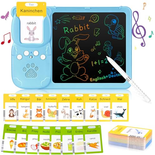 (Englisch und Deutsche) Zweisprachige Sprechende Lernkarteikarten mit LCD-Schreibtablett, Sprechende Flash-Karten für Kleinkinder 2-6 Jahre Alt, 255 Blätter 510 Wörter, Hörbar Lernspielzeug (Blau)