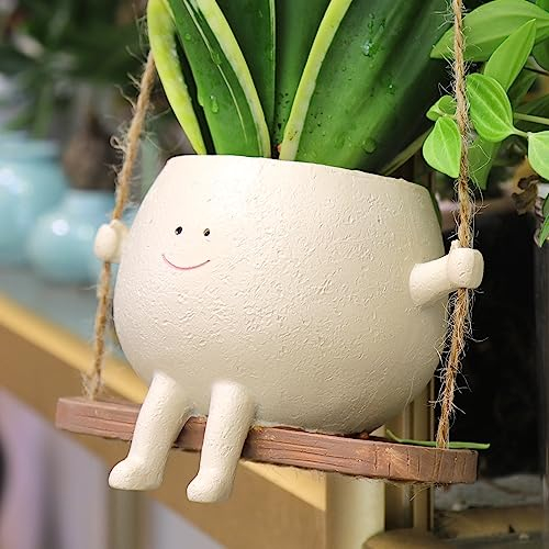 HUNTHAWK Swing Face Planter Pot - Hanging Resin Flower Head Planters for Indoor and Outdoor Plants, Succulent Pots for String of Pearls Plant for Mother's Day and Christmas