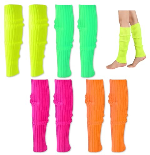 Udbrud 4 Stück Bein Stulpen Schweißband Set, 80er 90er Neon Damen Beinwärmer Set Fluoreszierend Bein Stulpen Gestrickte Legwarmers Strümpfe Aerobic Kostüm Zubehör für Retro Abschlussball Party Tanzen