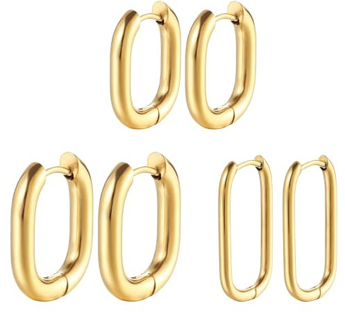 JewelryWe Ohrringe Creolen Damen U-Form: 3 Paar Gold Edelstahl Hypoallergen U-förmige Huggie Ohrringe kleine rechteckige Creolen Ohrstecker für Frauen Mädchen