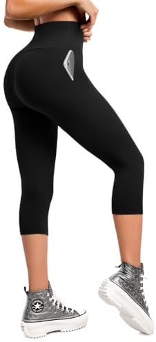 Walifrey High Waisted Capri Leggings for Women UK with Pockets ,3/4 Length Opaque Gym Leggings for Yoga Workout Black XXL