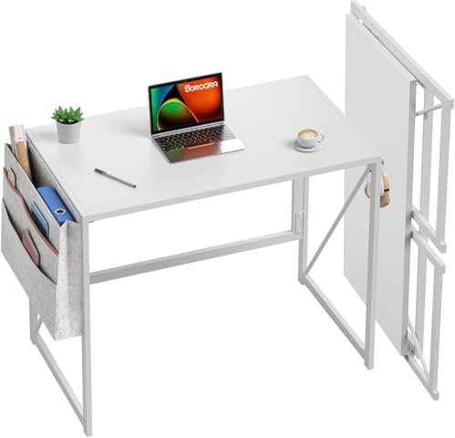 SOROGRA Escritorio Plegable con Bolsa de Almacenamiento y Ganchos para Auriculares, Mesa de Ordenador para Oficina en Casa y Estudio, Escritorio Pequeño para Espacios Reducidos, Montaje Fácil, Blanco