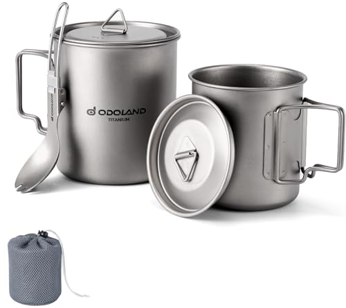Odoland 750ML & 420ML Titanium Mugs, Camping Pot Coffee Cup with Lid and Spork, Foldable Handle for Camping, Hiking, Traveling and Backpacking