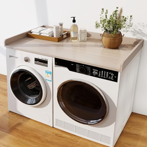 Evjocoh Wood Washer Dryer Countertop, Laundry Wood Shelf Topper with Edge Rails Non-Slip Pads, 54 Width x 27.5 Depth Cover Guard Organizer for Washer and Dryer Hamper Counter Storage