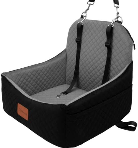 S1 Car Dog Seat with 2 Safety Leashes, Booster Seat for Small Dogs 0-28lbs, Pet Travel Safety Bed with Storage Pockets, Fully Detachable and Easy to Install (Black Outside, Grey Inside)