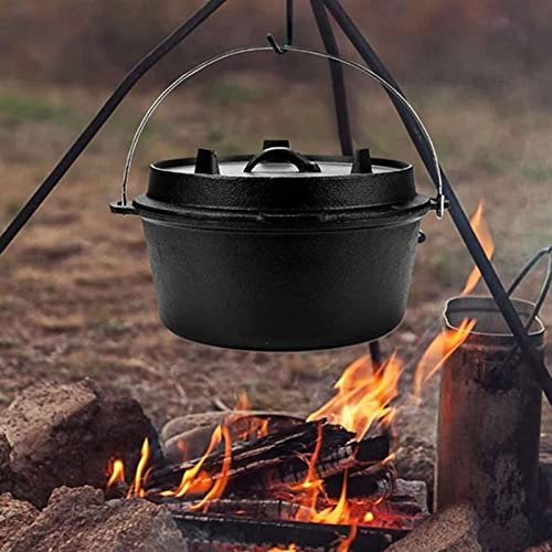 Dutch Oven Pot for Cooking & Serving - Cast Iron BBQ, Frying, Baking - Open Fire - Extra-High Lid Rim, Easy Handling