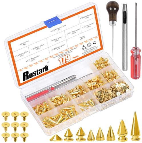 Rustark 179Pcs 8 Sizes Gold Metal Punk Spikes and Studs Assortment Kit with Tools Punk Rivet Studs Rivets Screw Screwback Studs Rivets for Punk Style Clothing Accessories Craft Decoration