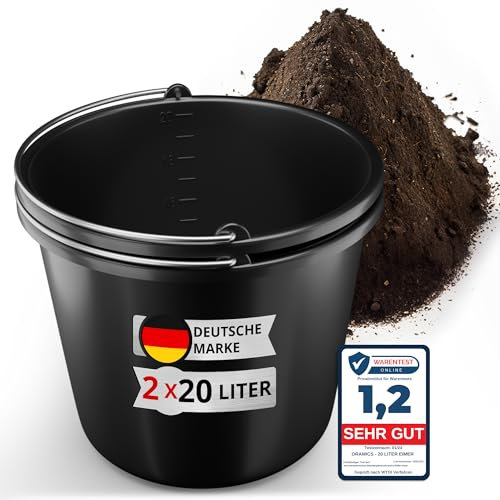 2 Stück Oramics 20L Eimer mit Edelstahl Henkel – Baueimer Kübel für Zement und Mörtel – Stabiler Wassereimer, Mörteleimer mit Skala für Haushalt, Garten, Baustellen (2X 20 Liter Putzeimer)