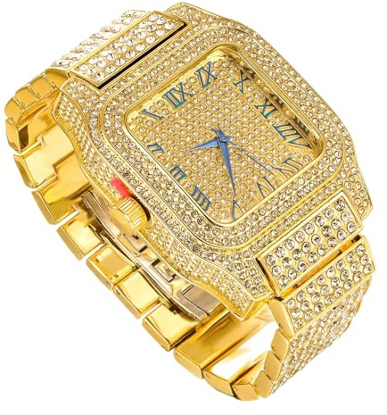 richhut Montre diamant pour homme avec bracelet glacé de 20 mm de large plaqué or blanc, avec chaînes de 20,3 cm + 45,7 cm en option, cadeau pour petit ami, mari, Moissanite or 18 carats