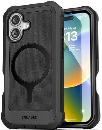 ENCASED Full-Body Protection for iPhone 16 Phone Case with Built-In Screen Protector, (MagSafe Compatible) Heavy Duty, Magnetic Back (2024 Falcon Series) Black