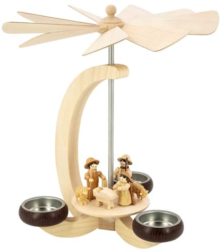 Seiffener Volkskunst | Erzgebirgische Weihnachtspyramide im eleganten Bogendesign in Naturtönen | 23 cm | Handgefertigte Pyramide Erzgebirgspyramide | Christi Geburt klein