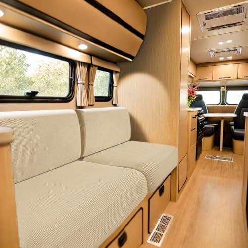 SYLC Bezüge Für Wohnwagenpolster Jacquard, rutschfeste Wohnmobil Sitzbezüge Mit 2 Cord, Sofa Sitzkissenbezug Für Schonbezug Wohnwagen Polster (Beige,W 90-130 cm, D 60-90 cm)