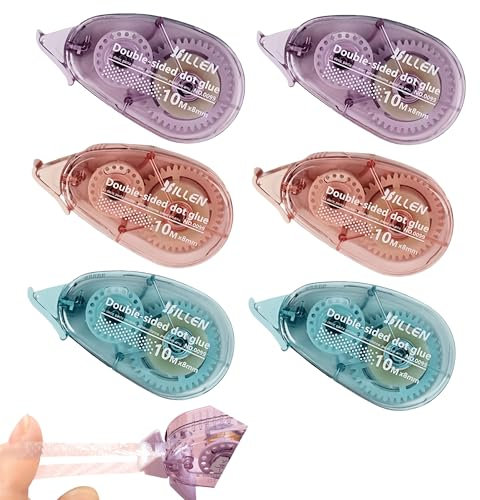 6 Pack Scrapbooking Supplies, 8mm x 10m Glue Tape Roller, Double Sided Tape Dispenser, Transparent Glue Roller for DIY Crafting, Gift Wrapping, Envelope Sealing-School,Home,Office (Pink/Blue/Purple)