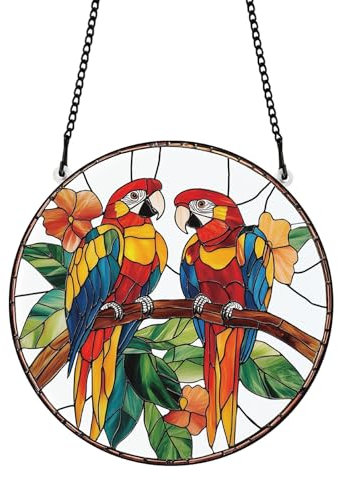 PLIGREAT gemalter Papagei auf dem AST fleckig Sonnenfänger Fenster Wandkunst Hängendes Ornament Schöne Vögel Acryl Lichtfänger Kunsthandwerk für für Garten Zuhause Hängendes Dekor