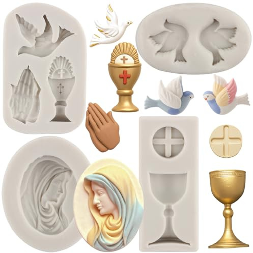 MYPRACS Baptism Silicone Mould Communion Chalice Nun Fondant Mould Set of 4 | Peace Dove Baptism Cake Decorating Cupcake Topper Candy Chocolate Gum Paste Polymer Clay