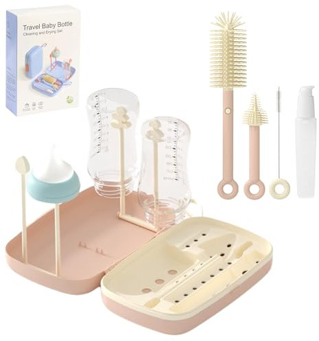 UABA Limpia Biberones & Escurre Biberones 7-en-1 – Cepillo Silicona 360°, Cepillo Tetinas, Pajitas + Botella Jabón │ Kit de Viaje Plegable sin BPA (Rosa)