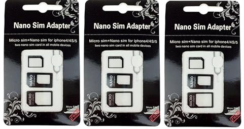 3X Adaptador Tarjeta Sim Movil Card 4 en 1 (Nano a Micro, Micro a Standard, Nano a Standard) para Todos los Dispositivos móviles + Clip para Extraer Universal Sim Adapter
