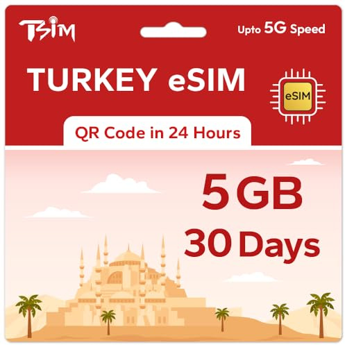 TSIM Prepaid Türkei eSIM für Reisen | 30 Tage 5GB 5G Geschwindigkeit | Hotspot erlaubt | eSIM QR-Code per E-Mail innerhalb von 24 Stunden nach Versand gesendet | QR-Code scannen und sofort verwenden |