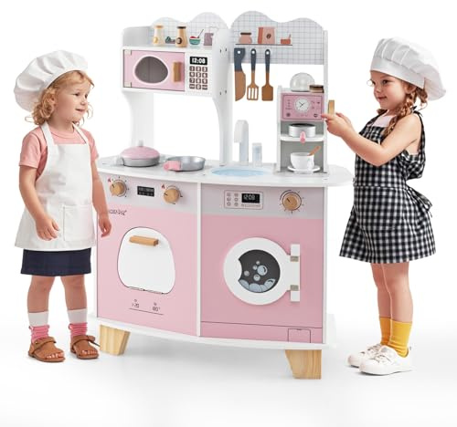 HONEY JOY Play Kitchen Kitchen Kitchen Set Large and Small Chef Wooden Toddler and Coffee Maker, Microwave, Washing Machine, Sink, Cookware, Kids Cooking Set, Gift for