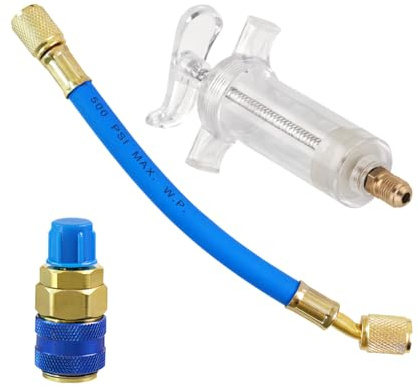 KHGUZ Car Oil and Dye Injector Kit with Quick Coupler, 30ml/1 Oz Hand Push Vehicle Compressor with 1/4 SAE Connector, Manual Auto AC Oil Dye Filler Refrigerant Tool, Universal for Most Cars
