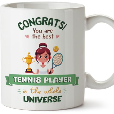 MUGFFINS Tennis Player Woman Mug - in English - Best in Universe Trophy - Funny Gift for Colleagues - Ceramic 11oz Mug