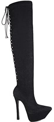 Stivali Moda da Donna 15CM/5.9IN Stivali sopra Il Ginocchio da Donna Tacco Super Alto Taglie Forti Modello di Auto da Ballo da Discoteca Stivali Cavalier con Lacci