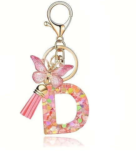 Porte clés avec Letter de l'alphabet,Porte Clé Alphabet D Initial Papillons Keyring Pendentif Feuille d'or Key Ring pour Femme Fille Personnalisée Lettres Keychain