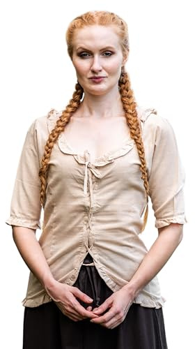 Leonardo Carbone® Damen Bluse Kurzarm-Rüschenbluse Bea | Raffinierte Schnürung | Verzierende Rüschen | Karneval, Halloween, Cosplay, LARP, Mittelalter, Kostüm | 100% Baumwolle Hanf XS