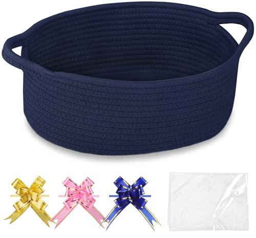 COMSE Small Woven Basket with Gift Bags and Ribbons, Gift Basket Empty, Nursery Organisers Storage for Baby Toy, Cotton Rope, 30.5 x 20 x 13 CM, Navy Blue