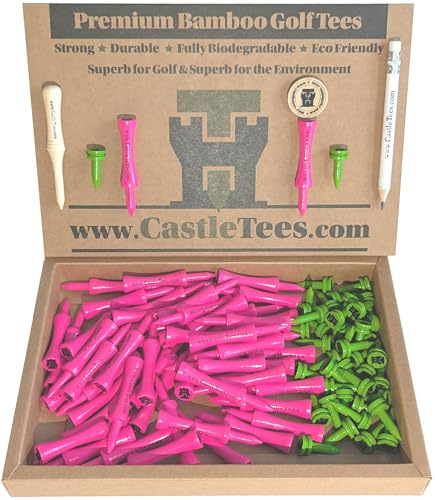 Castle Tees Official Bamboo Golf Tees up to 140 Tees 9 Sizes & Colours Premium Super Strong in Orange Purple Pink Sky Blue White Yellow Navy Blue Red Green Free Pitch Repair Tool