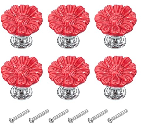 PATIKIL 6 Stück Antike Blumenknöpfe 1-5/16 Schubladenknöpfe Rot | Keramik-Runde, Kommodenknöpfe, Türbeschläge, mit Schraube, für Küche Badezimmer Schrank Kleiderschrank