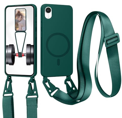 xinyunew Mobile Phone Chain for iPhone XR (6.1 Inches) Case with Strap, Necklace Mobile Phone Case Removable Cord Soft TPU Liquid Silicone Case Shockproof Protective Case for iPhone XR Dark Green