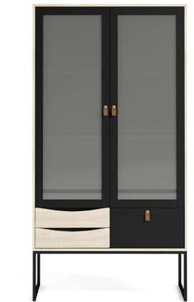 ebuy24 Sady Vitrinenschrank 2 Glastüren, 3 Schubladen matt schwarz, Eichen Dekor