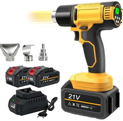 Pistola de Calor Inalámbrica con Pantalla Digital LCD y 2 Baterías, Pistola de Aire Caliente de 60 ℃-540 ℃ Ajustable con Protección Contra Sobrecarga, 3 Boquillas, Ideal para Manualidades, etc