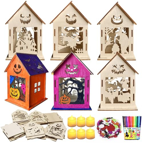 6 Pezzi Kit Casetta di Zucca in Legno per Halloween, Bambini Kit fai da te per Casetta Luminosa in Legno, Cottage in Legni con Candele LED, Costruire e Dipingere, Feste Halloweendeko Regali Bambini