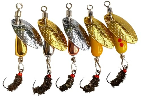 KMYZQDV 5Pcs Trout Spinners Barbless Fishing Lures with Single Hook Spinner Hooks for River Salmon Stream Fishing Durable Bass and Pike Lures for Freshwater Lake Angling