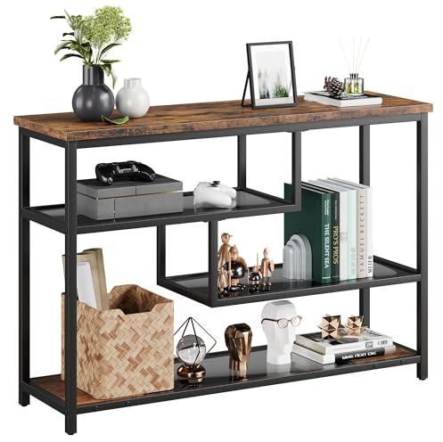 GarveeHome Console en verre et métal avec aspect bois - Table de couloir moderne et étroite avec verre de sécurité - Cadre stable pour salon, chambre à coucher et bureau