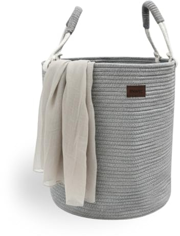 Wäschekorb aus Baumwolle 40 L Wäschesammler Aufbewahrungskorb, Baumwollseil mit Griff, Kordelzug, Wäschebehälter für Kleidung, Decken, Spielzeug - Grau
