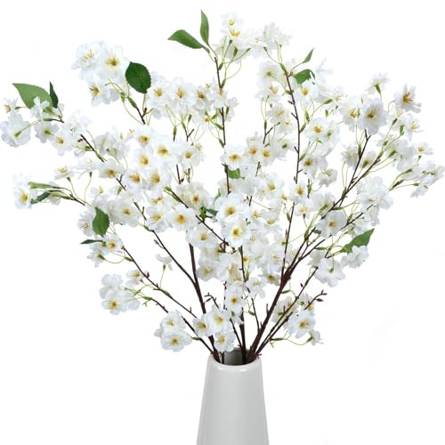 Zythrem 3Pcs Artificial Cherry Blossom Branches 90cm White Cherry Blossom Artificial Flowers Tall Fake Flowers Silk Sakura Flowers Faux Spring Peach Blossom Stems for Wedding Party Home Vase Decor