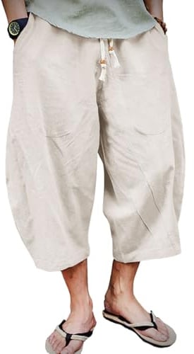 EKLENTSON Mens 3/4 Length Shorts Summer Cotton Linen Shorts | three quarter length,below knee,lightweight,elastic waist,loose fit,capri pants,baggy long shorts,beach,casual