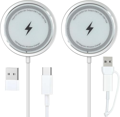 2Pcs Magnetic Wireless Charger 15w for Mag Safe iPhone, Fast magnetic phone charger with USB to USB C Adapter, Compatile with iPhone 17/16/15/14/13/12 Series, Samsung Galaxy
