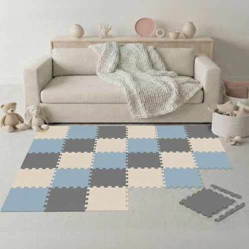 LittleTom Spielmatte Baby Puzzlematte mit Rand - 27 Teile je 30x30 cm Krabbelmatte 270x90 cm Bodenmatte Kinder - Puzzle Teppich Kinderzimmer - Eva Schaumstoff Bodenschutzmatte Spielteppich - BPA-frei
