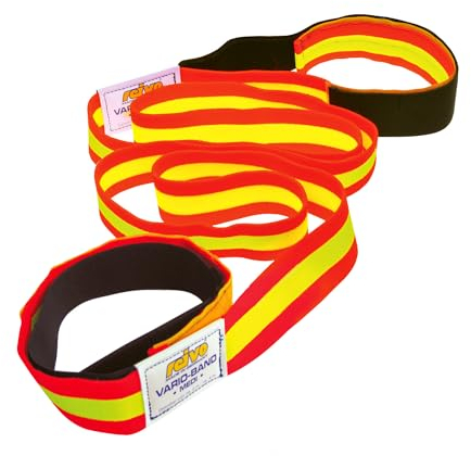 Reivo Band Kurz 4 m mit Schlaufen | Das original elastische Fitnessband, Textilband, Gymnastikband, Widerstandsband | L: 4 m, dehnbar bis 8 m | Polyester-Elastan | Rot-Gelb | Markenqualität