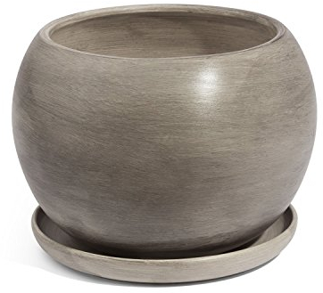 Vaso Sfera in Ceramica con sottovaso, Diametro Foro 13 cm, Colore: Grigio Scuro