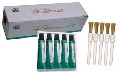 Fishingglue 100 Schlauchflicken F 1 Ø 25 mm Rotrand + 5 Tuben SVS Vulkanisierlösung 7 ml + 5 Stück Pinsel 68 mm lang
